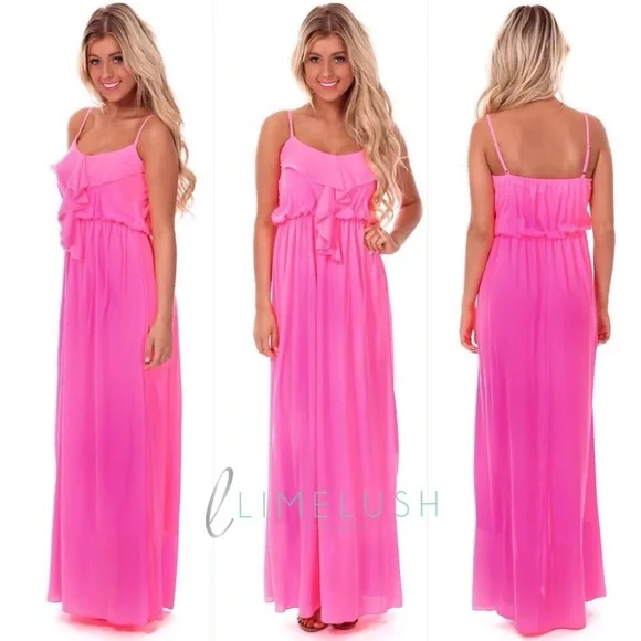 NYMPHE | Dresses | Nymphe Neon Pink Chiffon Ruffle Front Maxi Dress M |  Poshmark